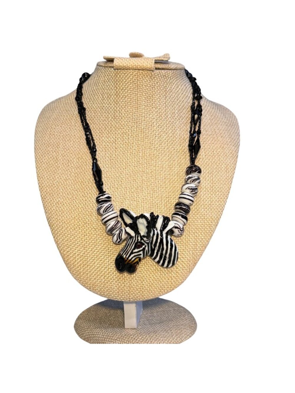 Handcrafted Glass Zebra Necklace Black & White Beads Signed 2002 Adjustable